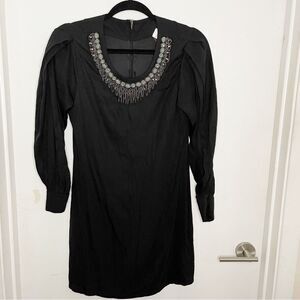 Vtg Prairie New York silk long sleeve embellished collar mini dress black S